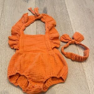 Boutique Orange Ruffled Baby Romper with Headband